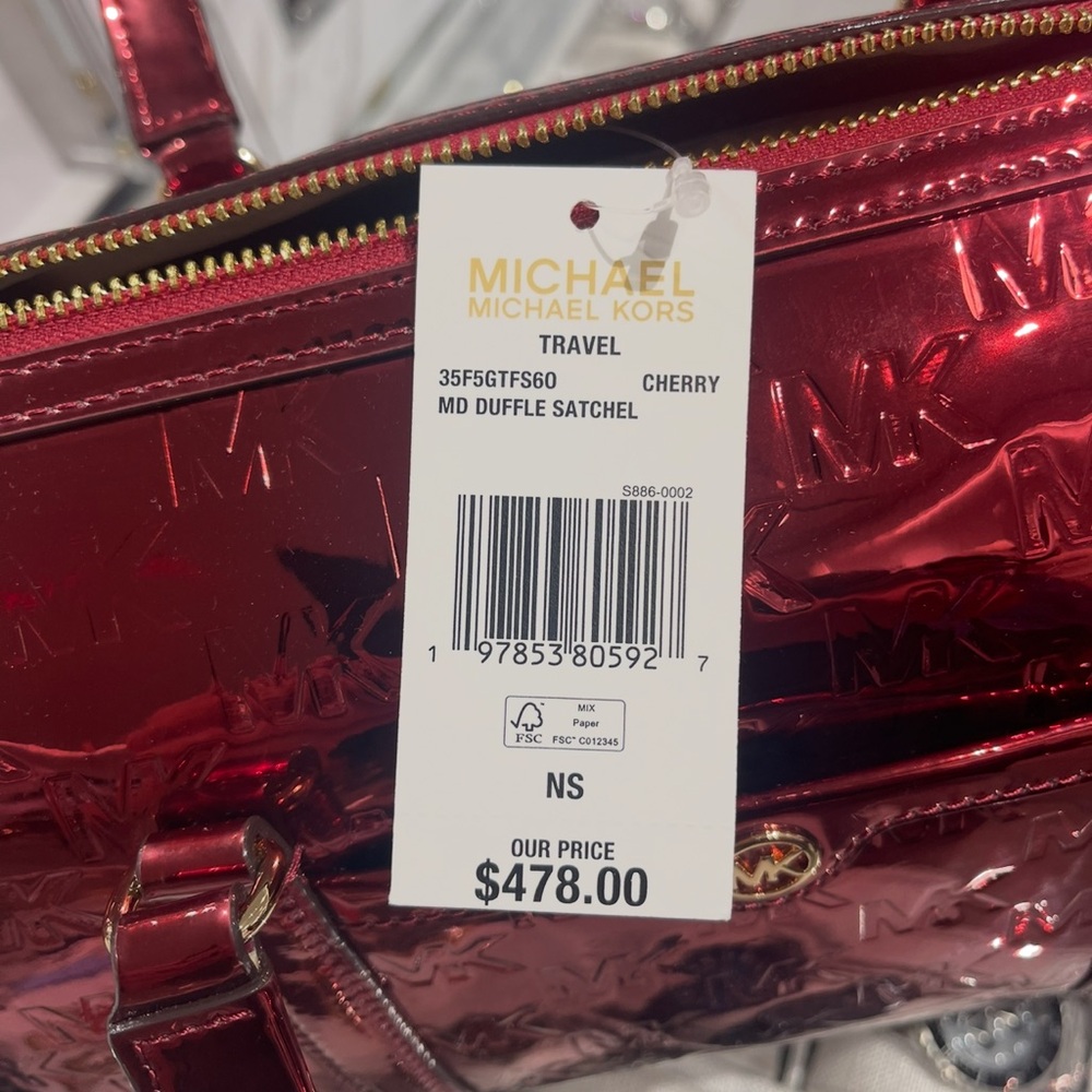 MICHAEL KORS Jet Set Medium Metallic Logo Debossed Satchel
Cherry 
NWT - Picture 9 of 15